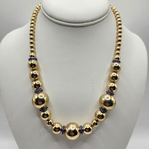 Banana Republic Gold Tone Graduated Bead Necklace Blue Accents Lobster Clasp‎ BR